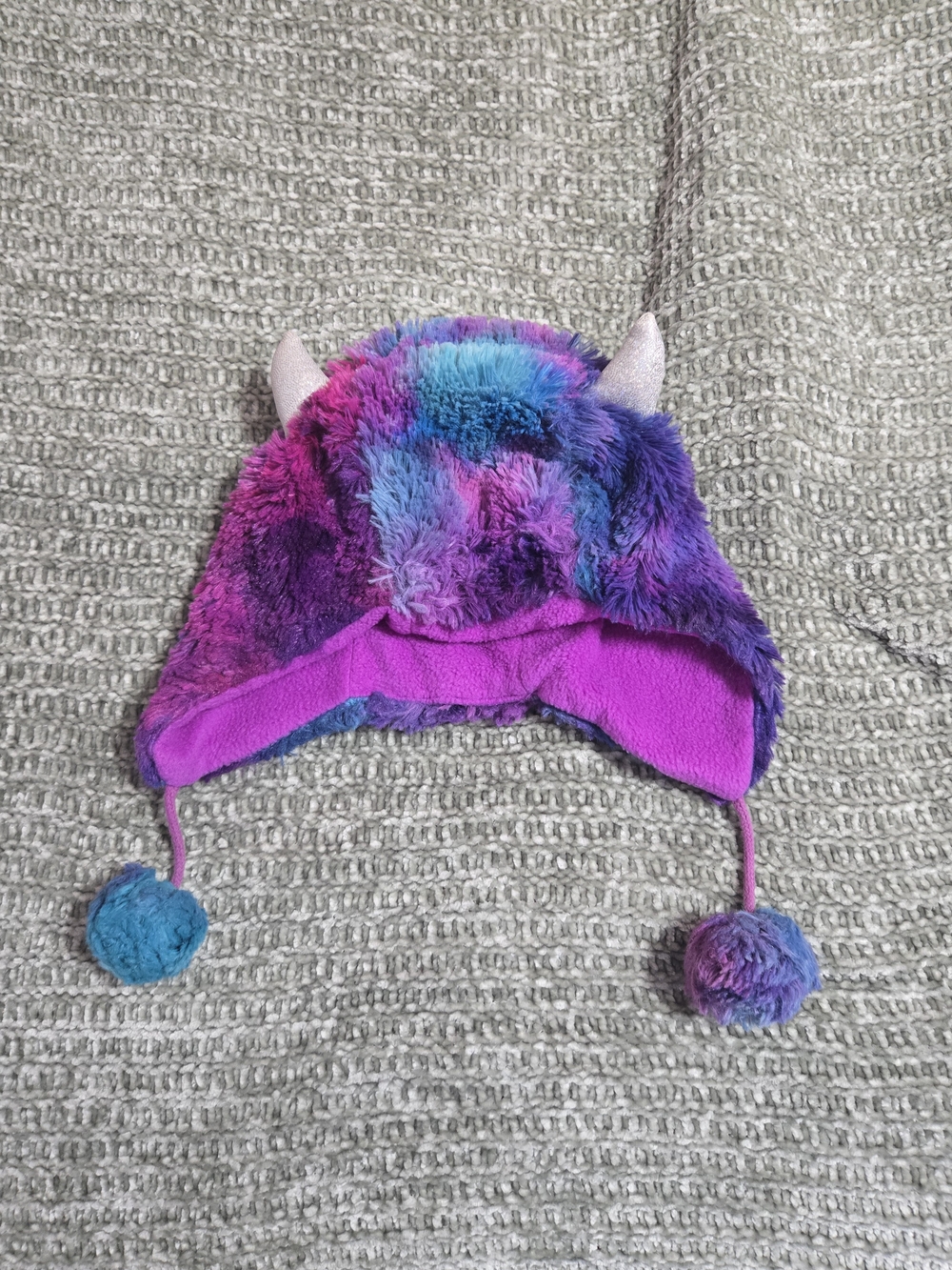 Kids Plush Faux-Fur Monster Earflap Hat in Purple & Blue